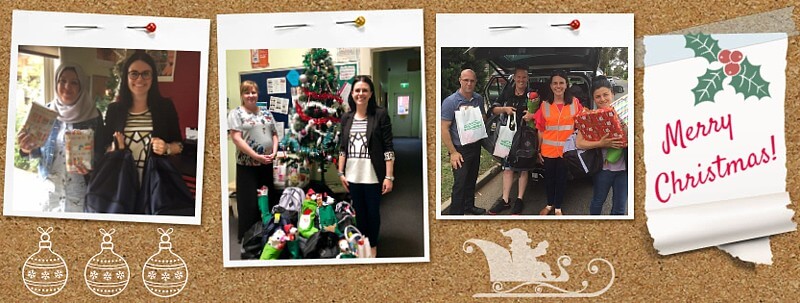 Photo 1: Abeer, Hope to Home Whittlesea Community Integration Facilitator (left), with Kate who brought Ecodynamics' Christmas presents for our young people and young families in Thomastown. Photo 2: At left is Sharon, Youth Residential Services Team Leader (North East), with Kate at the now-abundantly stocked Christmas tree at our Brunswick Refuge. Photo 3: Kate (second from right) and our team members with Ecodynamics' gifts for our young people and their children in Melton.
