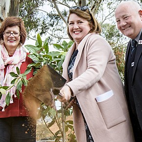 Planting the first tree, from left to right: Donna Bennett – CEO of Hope Street Youth and Family Services;  Hon. Natalie Hutchins – local member for and Minister for Aboriginal Affairs; Prevention of Family Violence; Women; and Industrial Affairs; and Cr Bob Turner – City of Melton Mayor.