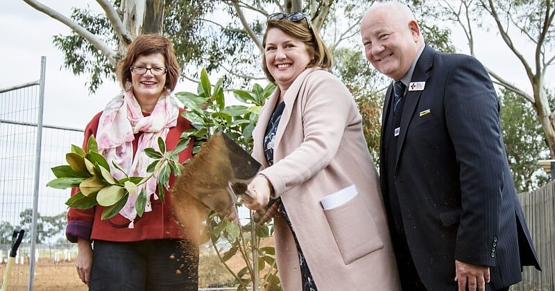 Planting the first tree, from left to right: Donna Bennett – CEO of Hope Street Youth and Family Services;  Hon. Natalie Hutchins – local member for and Minister for Aboriginal Affairs; Prevention of Family Violence; Women; and Industrial Affairs; and Cr Bob Turner – City of Melton Mayor.