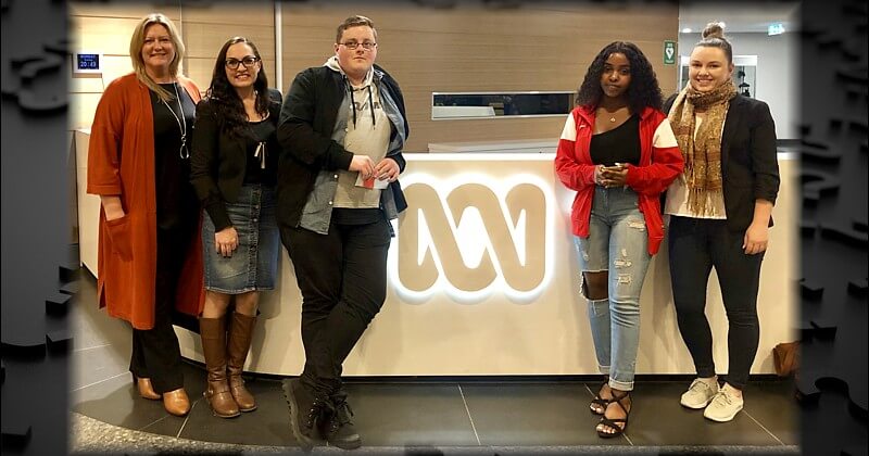 The team from Hope Street who attended the live recording of Q & A in the ABC Studios in Melbourne: Jennifer McAughtrie, Operations Manager; Olivia Myeza, Business Development and Partnerships Manager; Hayden, the young person who posed the question to the Q & A panel; Lathu, another young person with lived experience of homelessness; and Kylie Charleson, Case Manager.