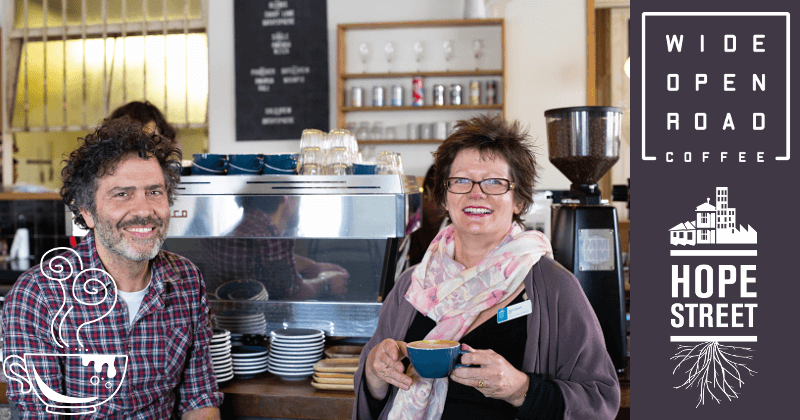 Donna Bennett, Hope Street’s CEO, and Hootan Heydari, Wide Open Road Co-Founder, discuss the fundraising event over a coffee at Wide Open Road.